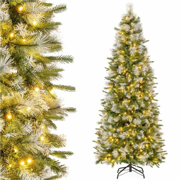 Costway 190CM Flocked Christmas Tree Hinged Artificial Xmas Tree w/Pine Needles & 580 PE PVC Branch Tips