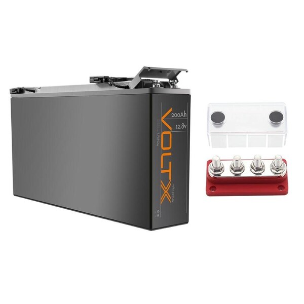 VoltX Slim 12V 200Ah Lithium Battery + 4 GANG 300A BusBar Red