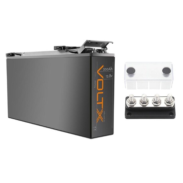 VoltX Slim 12V 200Ah Lithium Battery + 4 GANG 300A BusBar Black