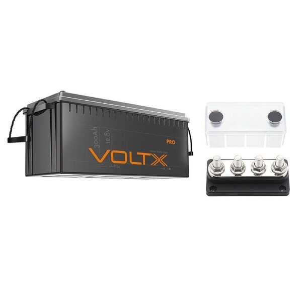 VoltX 12V 300Ah Lithium Battery + 4 GANG 300A BusBar Black