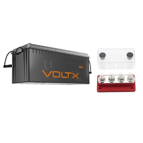 VoltX 12V 300Ah Lithium Battery + 4 GANG 300A BusBar Red