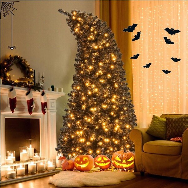 Costway 214cm Halloween Christmas Tree Holiday Decoration w/Bendable Top & 340 LEDs