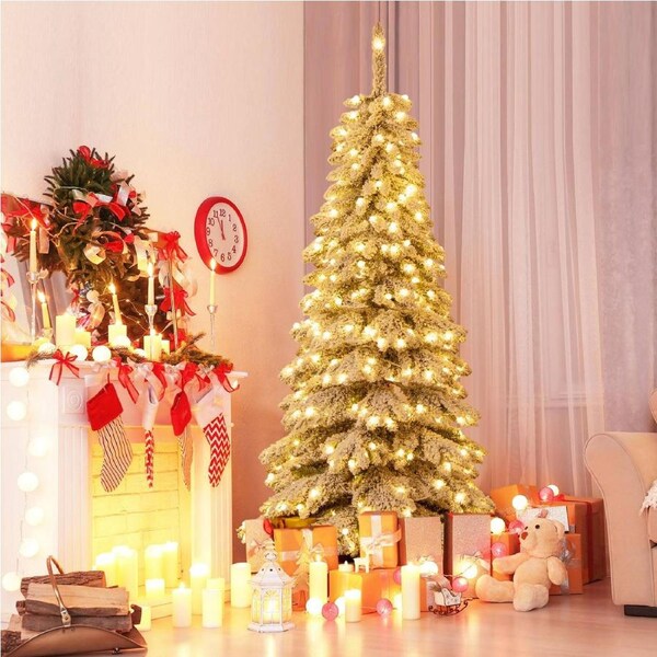 Costway 1.8M Snowy Pre-Lit LED Christmas Tree 3 Mode Artificial Xmas Slim Tree w/Remote Control Full Spruce Decoration Gift