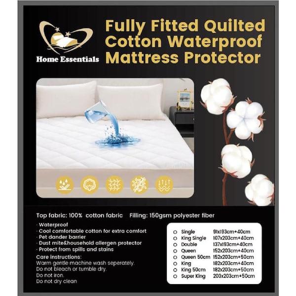 Quilted 100% Cotton Waterproof Fully Fitted Microfibre Mattress Protector Anti Allergy All Bed Sizes King Single