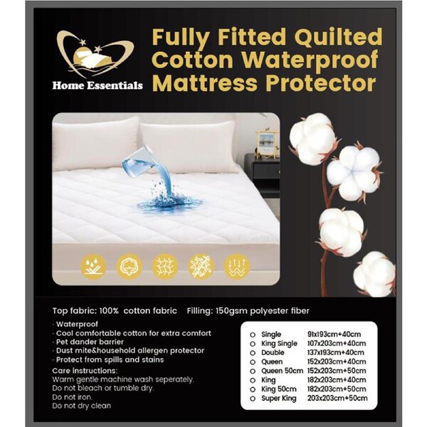 Quilted 100% Cotton Waterproof Fully Fitted Microfibre Mattress Protector Anti Allergy All Bed Sizes Single