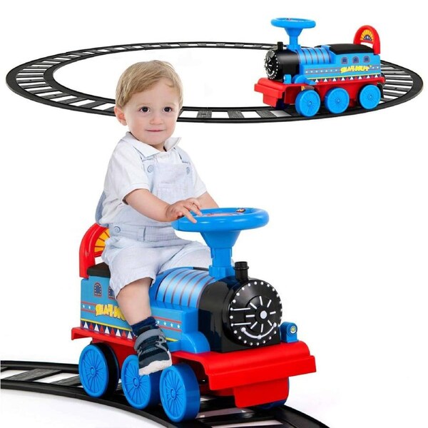 Costway Ride on Car Motorized Storage Train Electric Vehicle Toy Train w/Track Retractable Birthday Gift Blue