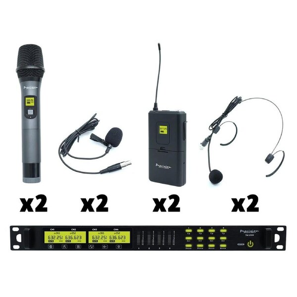 Precision Audio 4 Channel UHF Wireless 2 Microphone 2 Headset Bodypack TMUS04B