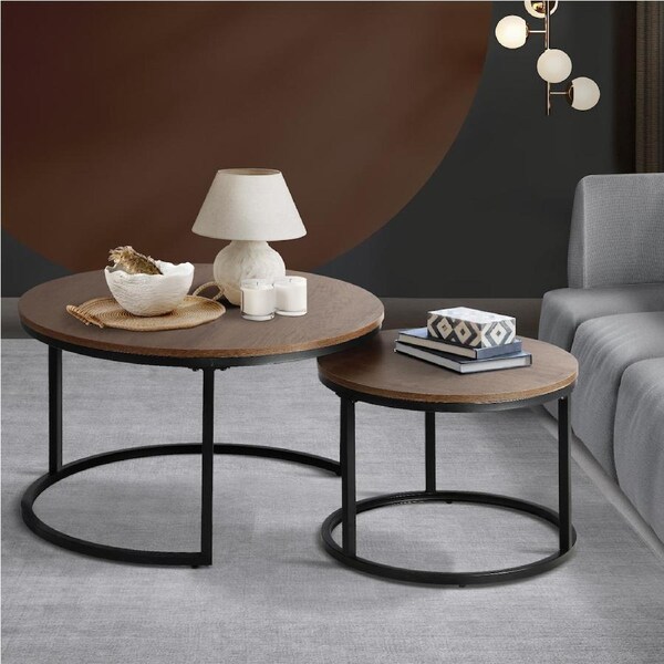 Oikiture Set of 2 Coffee Table Round Marble-like Nesting Side Tables Furniture Walnut & Black