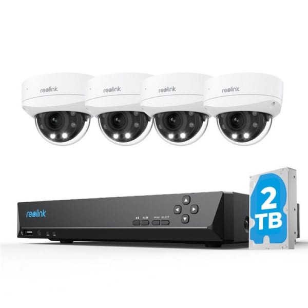 Reolink Smart 4K 8MP IK10 PoE Security Camera System with 5× Optical Zoom and Spotlight Color Night Vision, 8CH NVR with 2TB HDD, RLK8-843V4