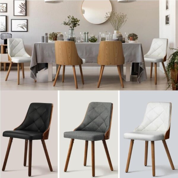 Oikiture Dining Chairs Wooden Chair Kitchen Cafe Faux Linen Leather Padded Seat x2 Black