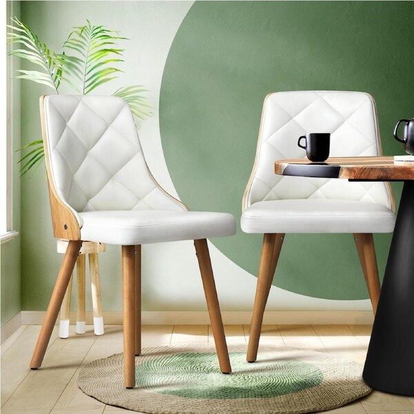 Oikiture Dining Chairs Wooden Chair Kitchen Cafe Faux Linen Leather Padded Seat x2 White