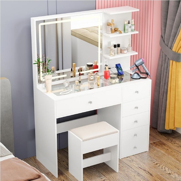 Advwin Dressing Table with Charging Station, Vanity Desk with HD Lighted Mirror Storage Drawers Cabinet Make up Table White