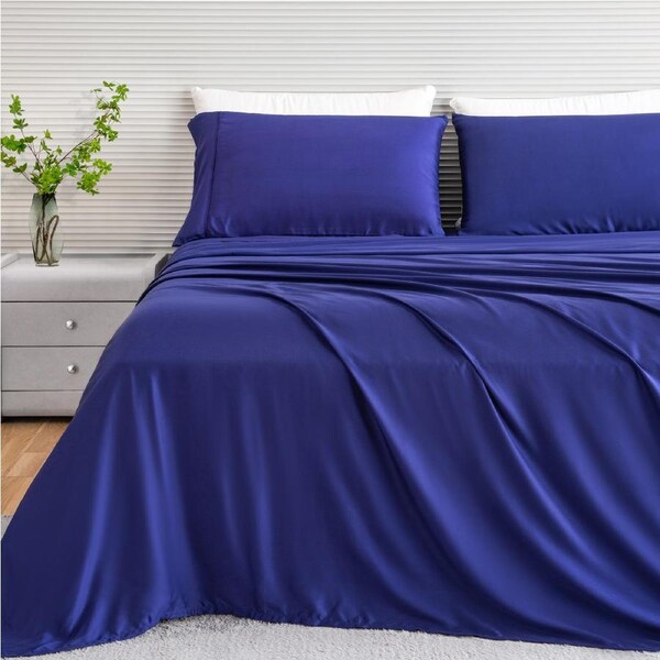 LINENOVA 100% Organic Bamboo Sheet Sets Cooling Soft 4Pcs Set(Queen,Navy)