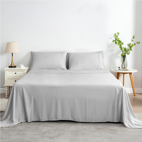 LINENOVA 100% Organic Bamboo Sheet Sets Cooling Soft 4Pcs Set(Queen,Silver Grey)