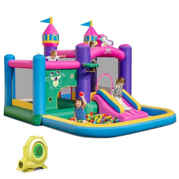 Babyjoy Inflatable Bounce Castle Colorful Bounce House Kids Bouncy Castle Indoor Outdoor Jumping House w/Blower