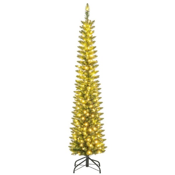 Costway 180CM Pre-Lit Artificial Christmas Tree Slim Pencil Xmas Tree w/390 Branch Tips Warm White LED Lights Multicolor
