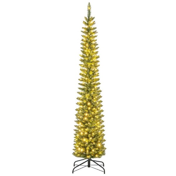 Costway 210CM Pre-Lit Artificial Christmas Tree Slim Pencil Xmas Tree w/499 Branch Tips Warm White LED Lights Multicolor