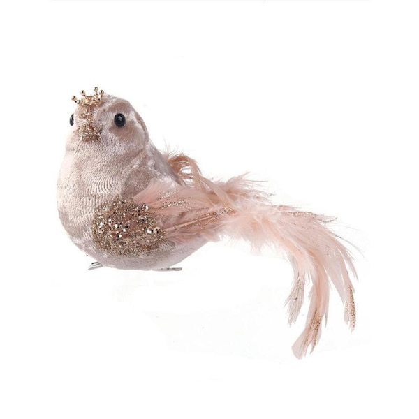 Pale Pink Velour Bird Christmas Tree Clip with Feathered Tail 15cm