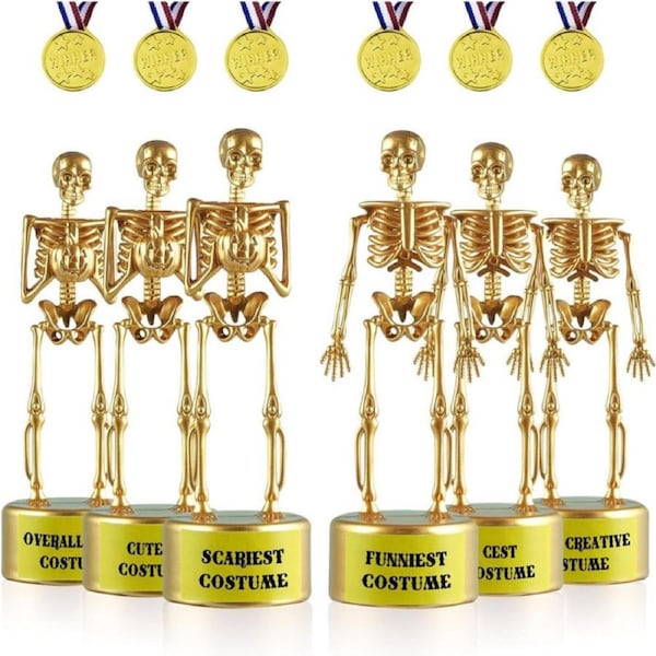 12 Pcs Halloween Trophy Awards, 6 Skeleton Trophies 6 Award Medals 1 Marker Pen, Costume Contest Trophies for Kids Adults, Halloween Party Supplies, Table Decorations Classroom Rewards Treats for Kids