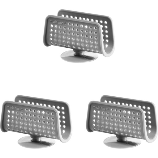3x Madesmart Small Sink Ledge Sponge Caddy Home/Kitchen Organiser 12x11cm Grey