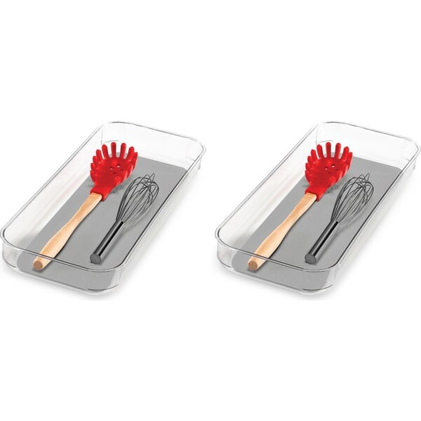 2x Madesmart Clear Soft Grip Bin Kitchen Drawer Organiser Rect 40x17.5cm Grey