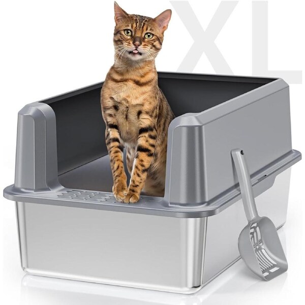 Stainless Steel Litter Box with High Side, Easy Clean Large Litter Box for Big Cats, Include Litter Scoop