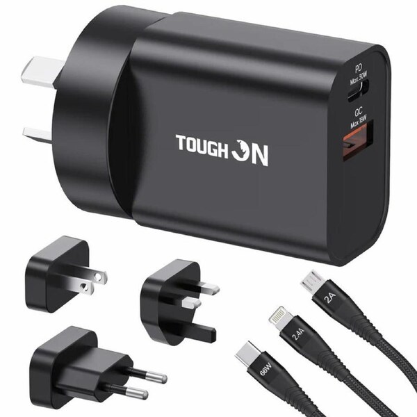Tough On 30W Dual Port Universal Travel Fast Wall Charger with 3 in 1 Charging Cable