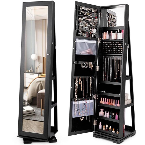 Giantex Jewelry Cabinet 360° Rotating Lockable Jewelry Armoire w/Full-Length Mirror Black