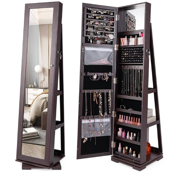 Giantex Jewelry Cabinet 360° Rotating Lockable Jewelry Armoire w/Full-Length Mirror Brown