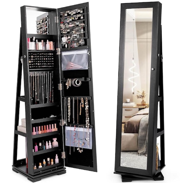 Costway Rotating Lockable Jewelry Cabinet Armoire w/Full-Length Mirror Freestanding Jewelry Organizer Black