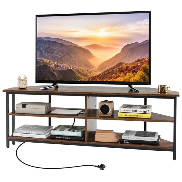 Costway Adjustable TV Table Stand Metal Frame Media Console Table w/Power Strip Entertainment Unit Brown