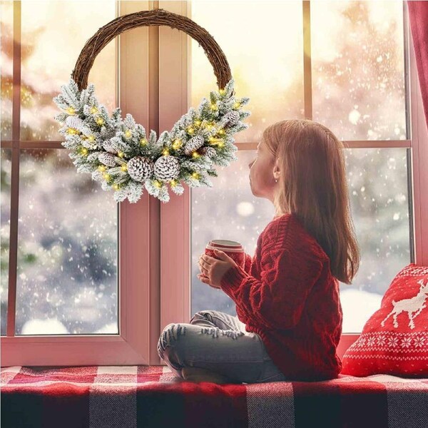 Costway Snow Flocked Xmas Hoop Wreath w/35 LED Lights Pre-lit Artificial Christmas Door Wreath White