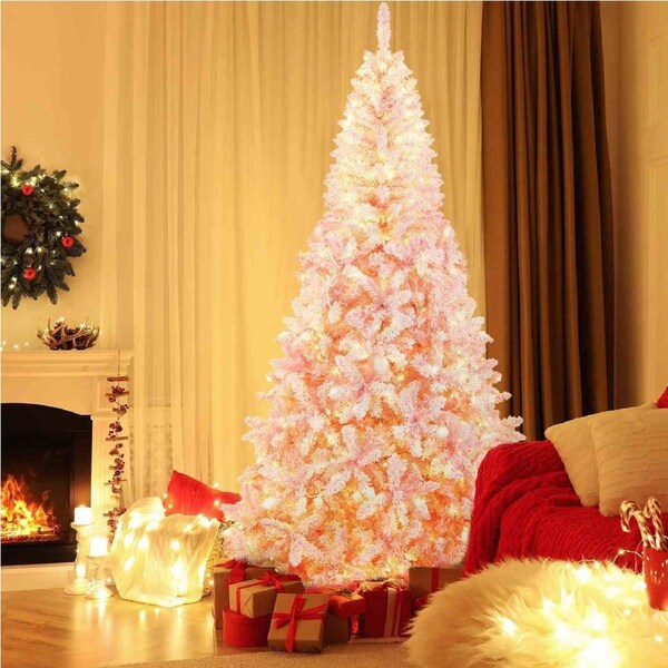 Costway 2.2M Snow Flocked Christmas Tree w/1100 Branch Tips 450 LED Lights Indoor Hinged Christmas Tree Pink