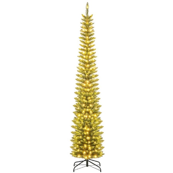 Costway 240CM Pre-Lit Artificial Christmas Tree Slim Pencil Xmas Tree W/ 591 Branch Tips & 300 Warm White LED Lights Multicolor