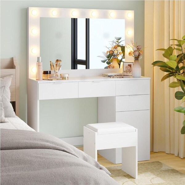 Advwin Dressing Table Stool Set 12 LED Bulbs Large Make up Mirror Storage Drawers and Cabinet White