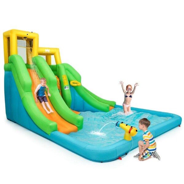 Babyjoy 400*360CM Inflatable Bounce House Kids Swimming Pool W/ Dual Water Slide & Water Gun & Climbing Wall without Blower