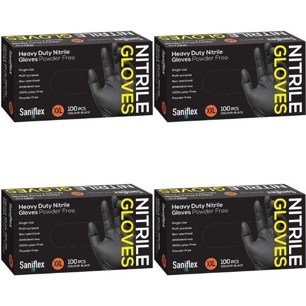 400pc Saniflex Saniflex Heavy Duty Nitrile Gloves Black XXL cleaning Work PPE