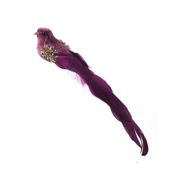 Deep Pink Velour Bird Christmas Tree Clip with Feathered Tail 26cm