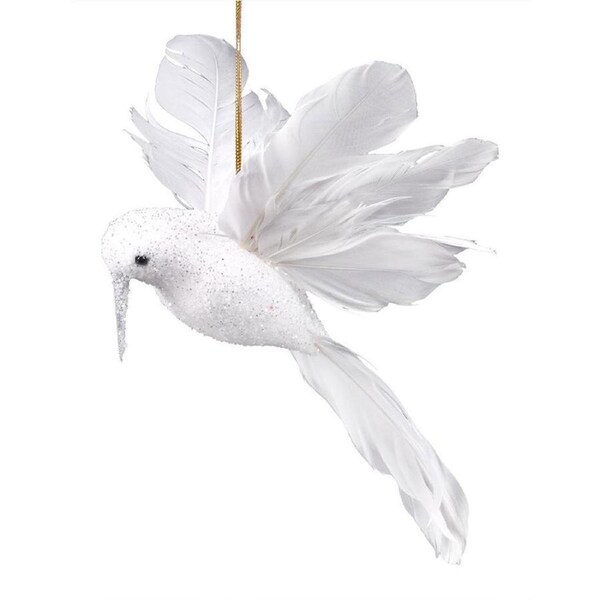 White Christmas Tree Hanging Bird with Feathered Tail 20cm