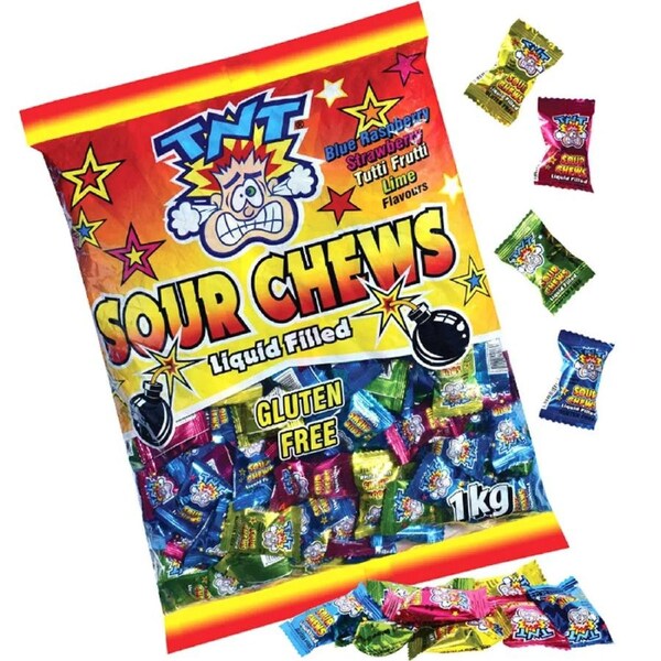 TNT Sour Chews Lollies Candy Liquid Filled Assorted Flavours 1kg Bag Pack