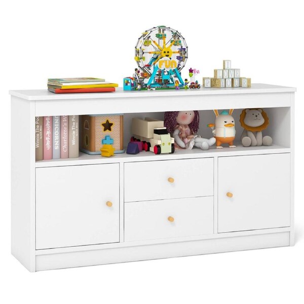 Giantex Toy Storage Organizer Wooden Bookshelf Storage Chest w/2 Drawers & 2 Doors White