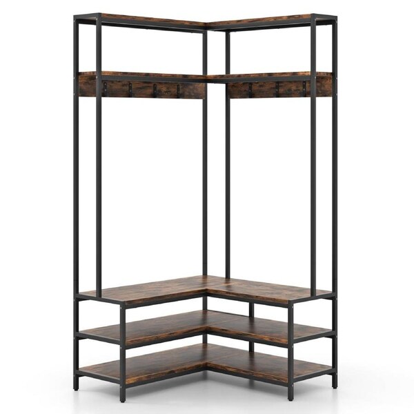 Giantex Clothes Rack L-shaped Coat Stand w/Shoe Bench Storage Organizer Wardrobe Rustic Brown