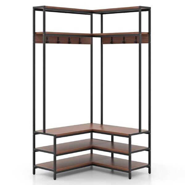 Giantex Clothes Rack L-shaped Coat Stand w/Shoe Bench Storage Organizer Wardrobe Walnut