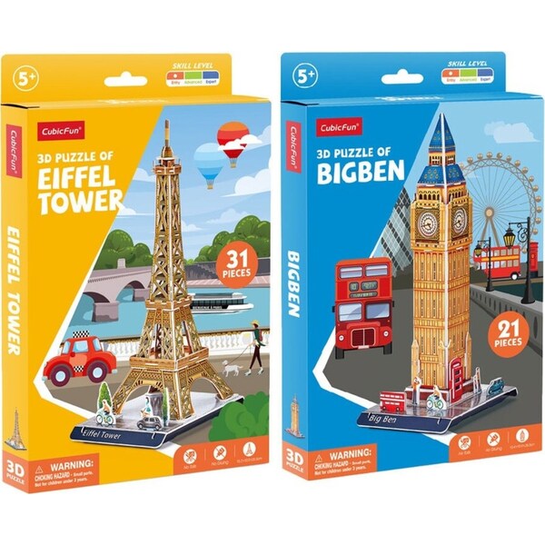 31pc CubicFun Eiffel Tower and 21pc Big Ben 3D Puzzle Kids/Children Toy 5y+
