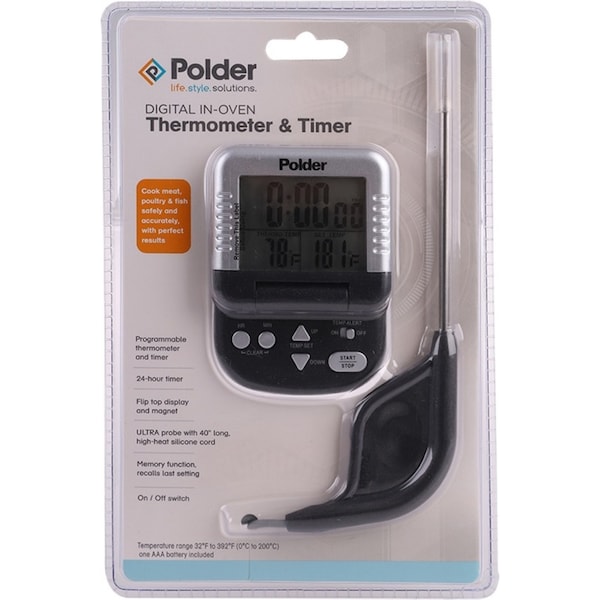 Polder Digital Display In-Oven Cooking Meat Probe Thermometer & Timer Black
