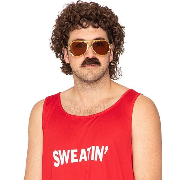 70s Stud Deluxe Perm Curly Brown Wig and Moustache