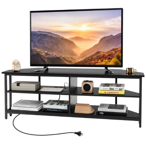 Costway Adjustable TV Table Stand Metal Frame Media Console Table w/Power Strip Entertainment Unit Black