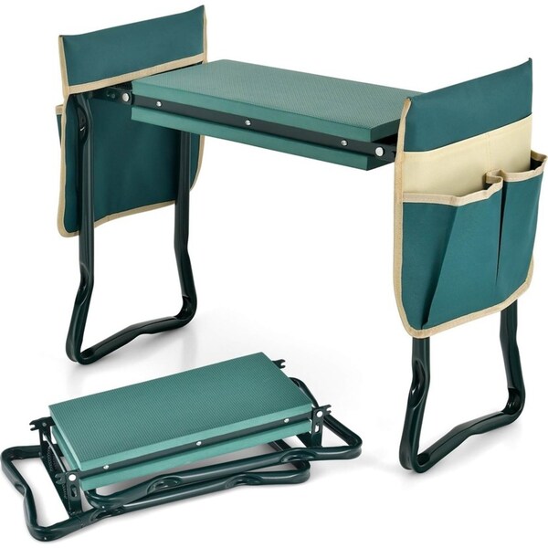 Costway Foldable Garden Kneeler Portable Yard Gardener Seat Stool Kneeling Pad w/2 Bonus Tool Pouches Work Bench