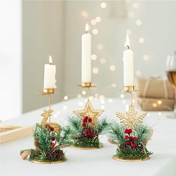 3pcs Golden Iron Candlestick Star Elk Christmas Tree Snowflake Art Candle Holder
