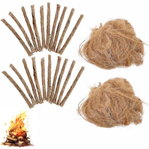 4 Packs Tinder Rope Natural Wood Fiber Tinder Fire Starter -Emergency, Survival, Campfire Tinder -Non-Toxic,Quick Fire Tab Flint and Steel for Outdoor
